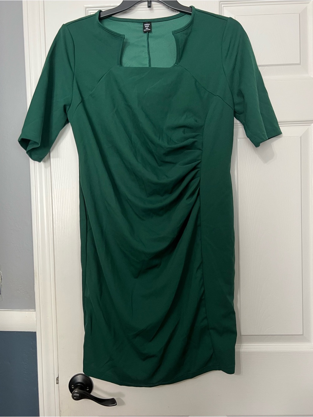Shein Dark Green Ruched Square-Neck Midi Dress